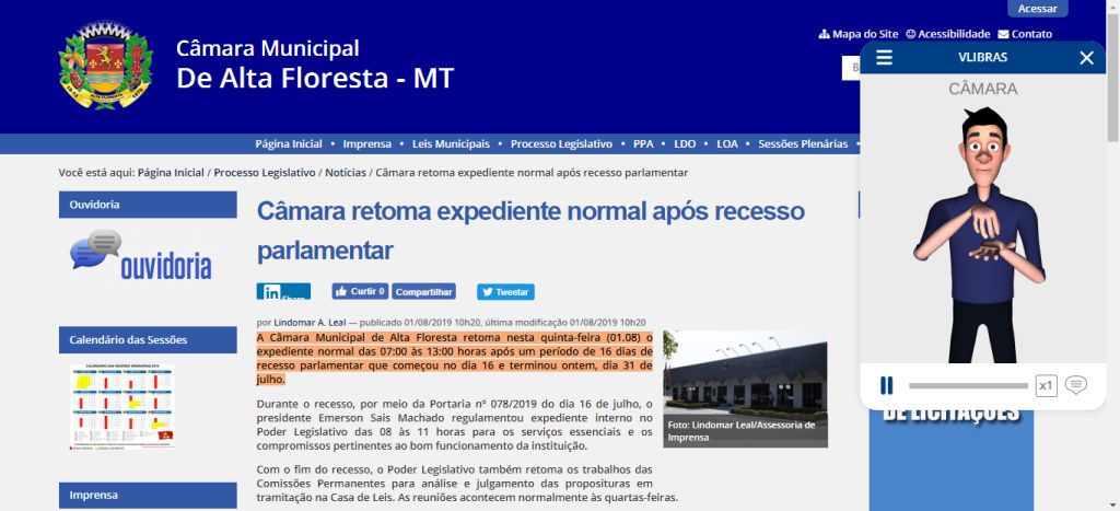 Câmara de Alta Floresta implanta, em seu site, ferramenta que traduz textos para libras