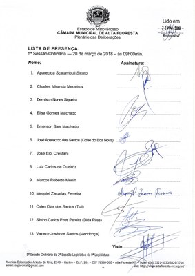 Lista de Presença 5ª sessão ordinária - 20 de março de 2018