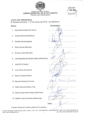 Lista de Presença 6ª sessão ordinária - 27 de março de 2018