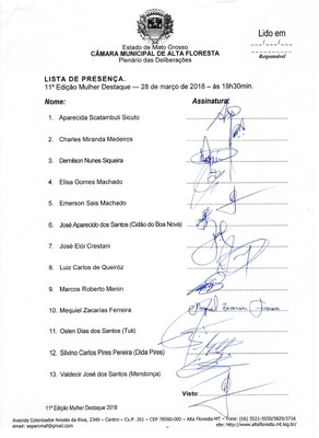 Lista de Presença Sessão Solene Mulher Destaque - 28 de março de 2018